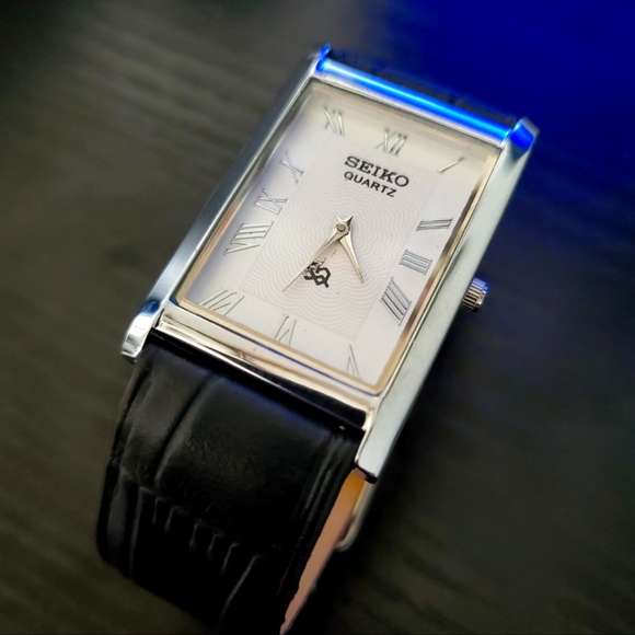 Seiko Other - Seiko Silver Rectangular Dial Watch with Black Leather Strap